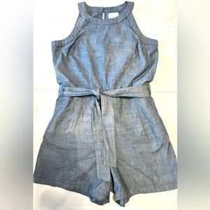 Hope & Henry Sleeveless Chambray Tie-Waist Romper - Blue -Size 6